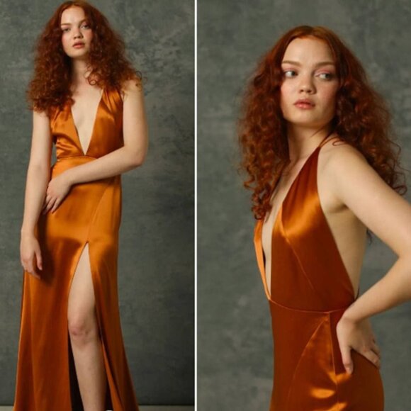 Sau Lee Huda Dress in Burnt Orange Sz 2 Plunging Halterneck Backless Gown - Picture 1 of 4
